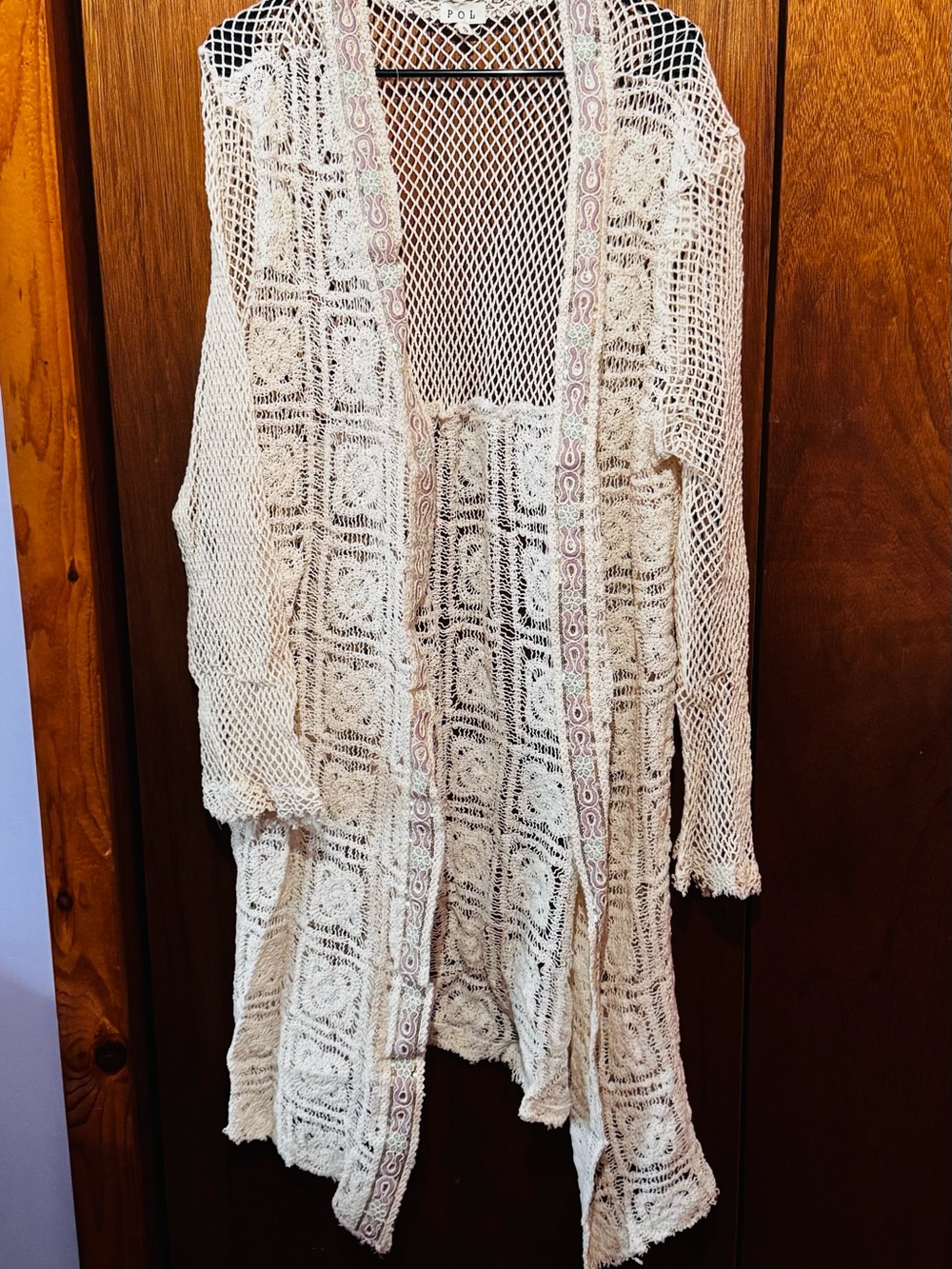 POL Cream Open-Knit Cardigan with Lavender Trim